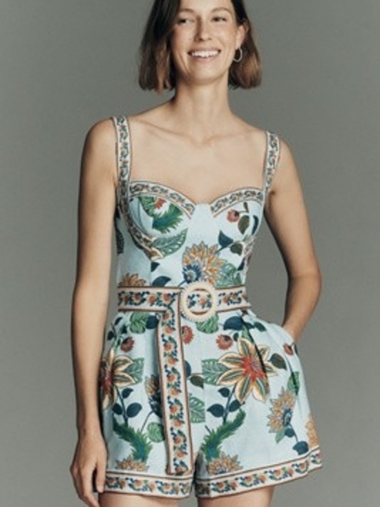 FARM Rio Pants - Farm Rio Delhi Floral Belted Sleeveless Sweetheart Linen Romper L